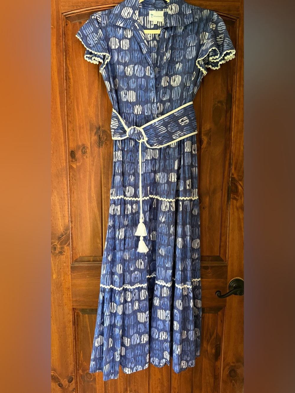 Blue Patterned Maxi Dress with optional Belt - Women's